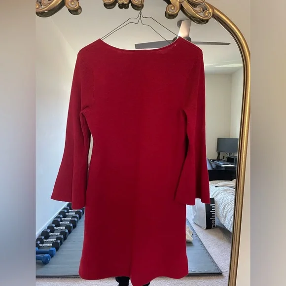 Red 100% Merino Wool sweater dress bell sleeves V neck - Picture 2 of 3